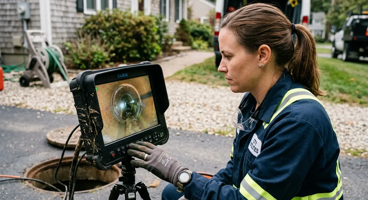 Technician reviewing sewer camera inspection footage in Twentynine Palms