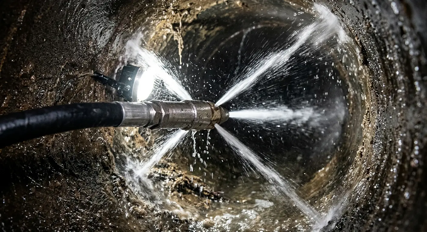 High-pressure hydro jetting nozzle cleaning sewer pipe for Trenchless Sewer Repair in Twentynine Palms