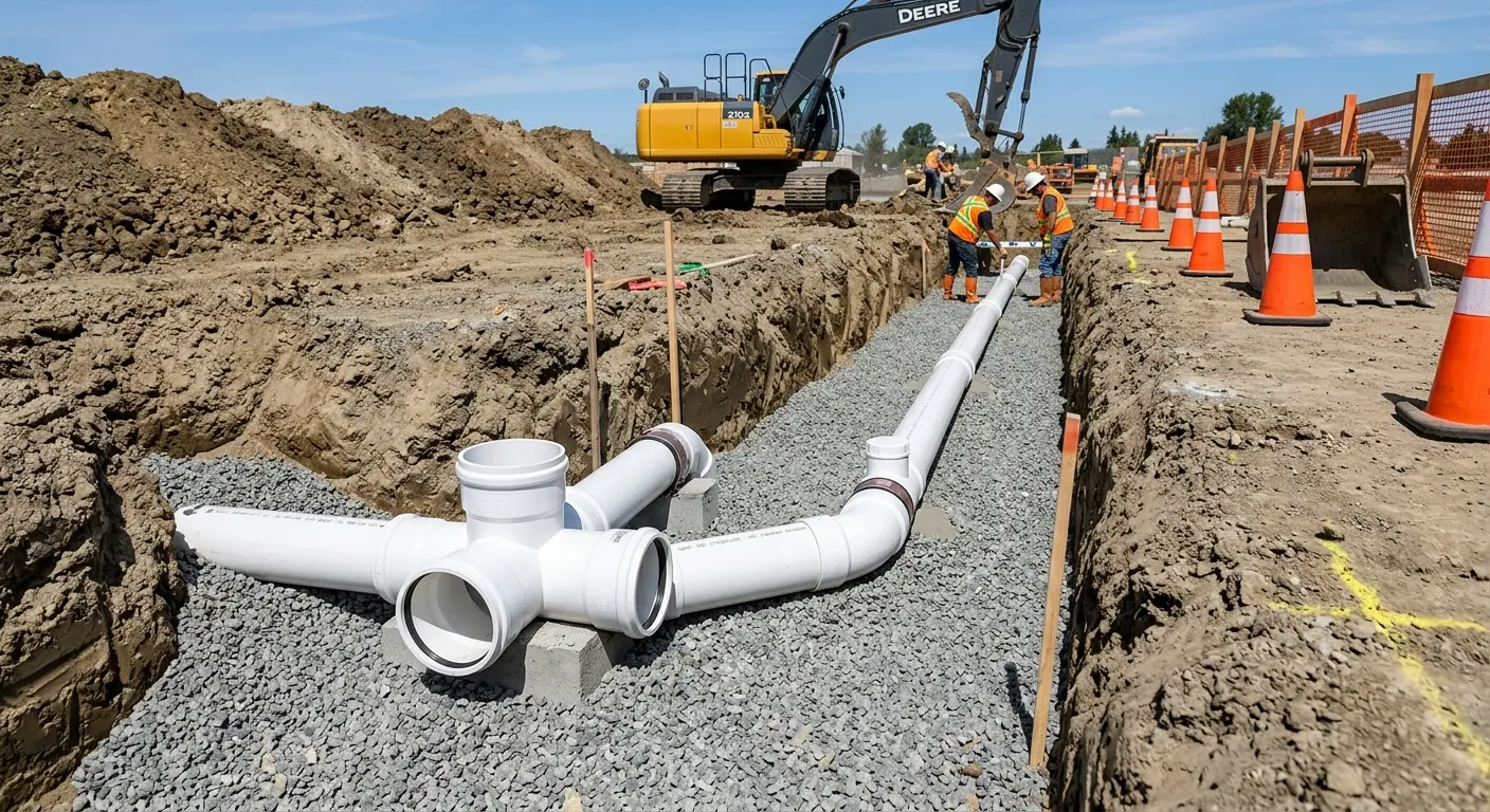 New PVC sewer pipe installation in open trench for Commercial Drain Cleaning in Twentynine Palms