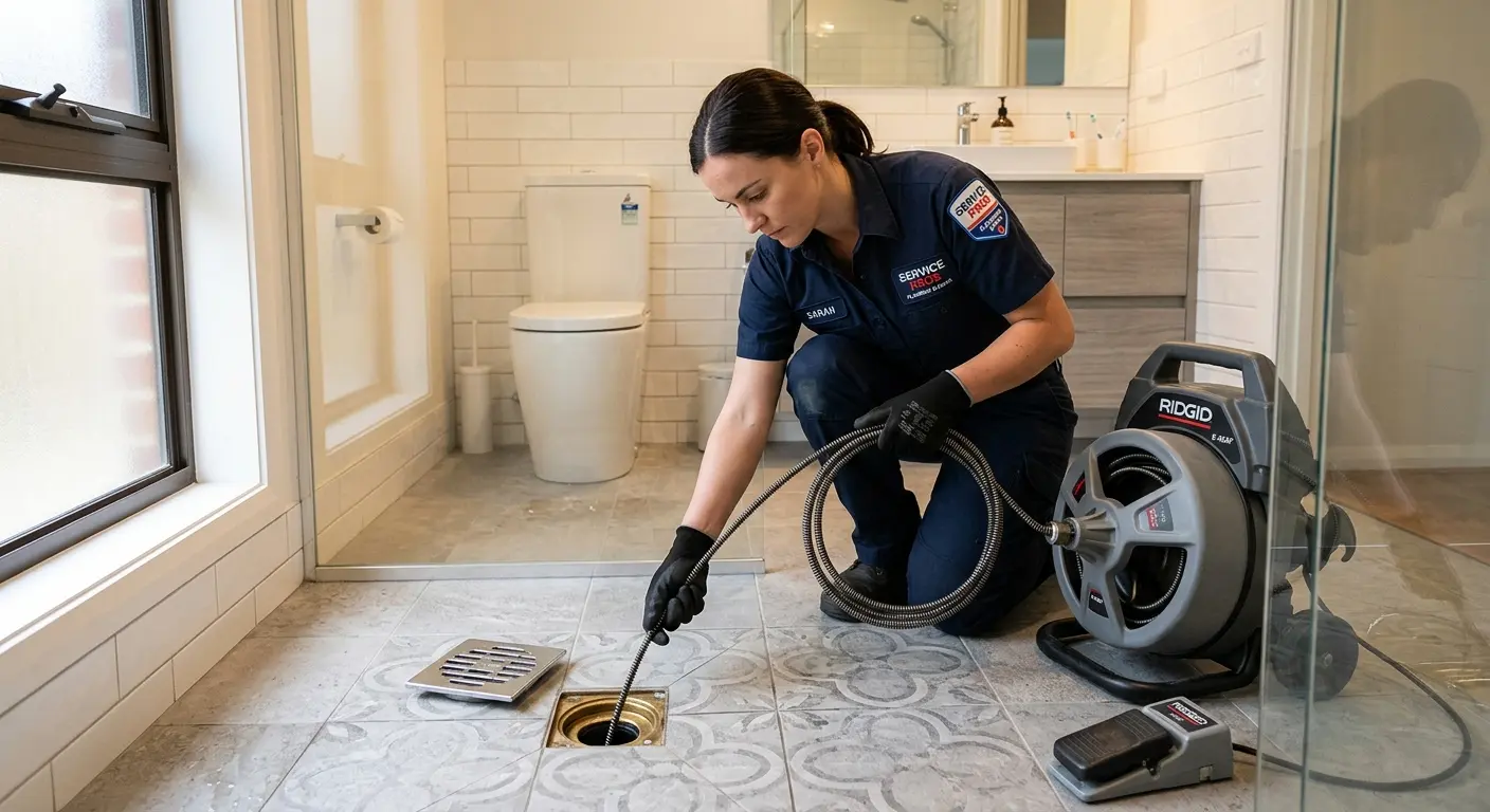 Technician clearing a bathroom floor drain for Clogged Drain Repair in Twentynine Palms